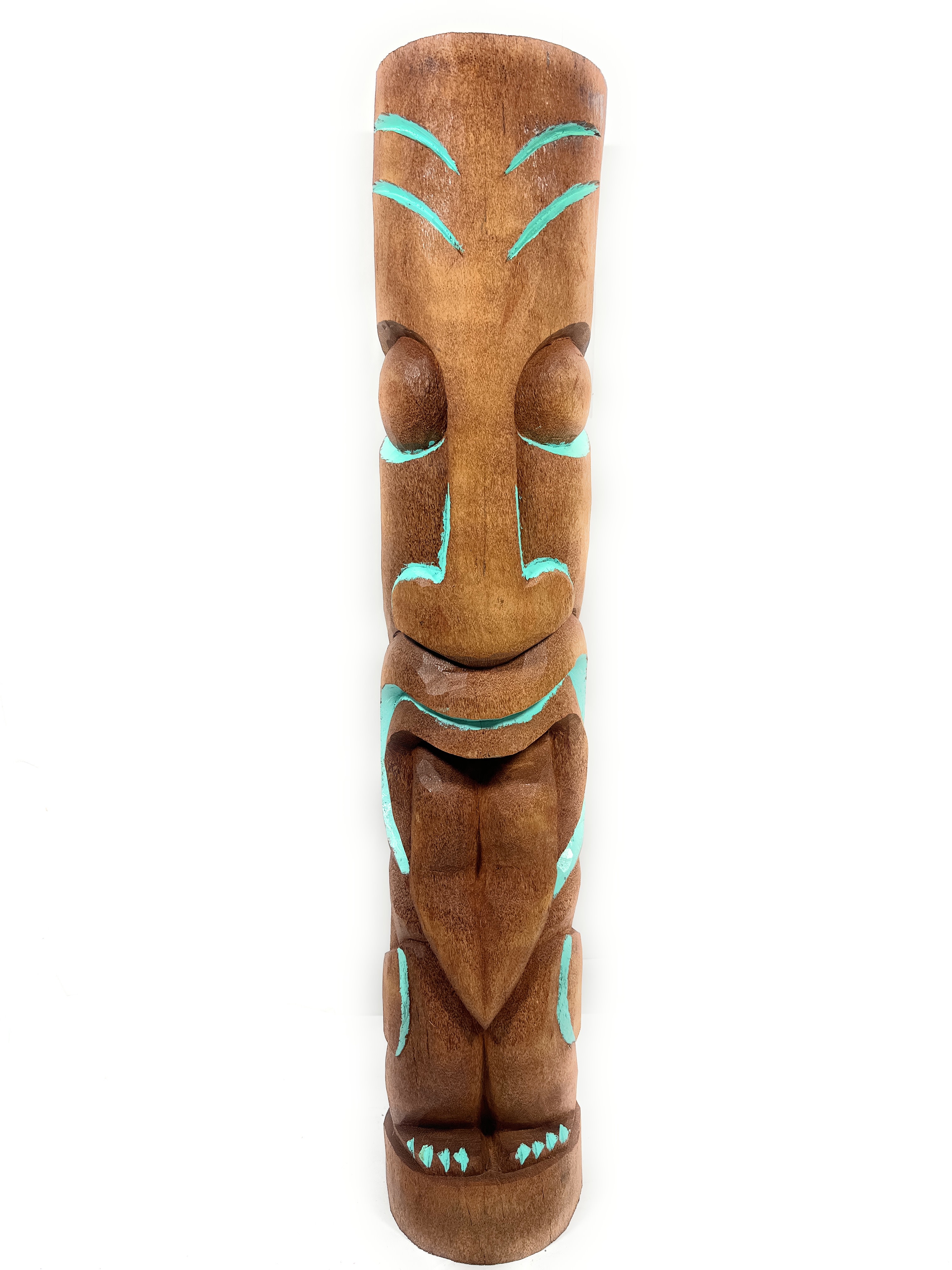 Limited Edition Maori Outdoor Tiki Totem 40 inch Teal Trim - Happy Tiki Natural Finish | #lbj3049100tl Limited Edition Maori Outdoor Tiki Totem 40 inch Teal Trim - Happy Tiki Natural Finish | #lbj3049100tl